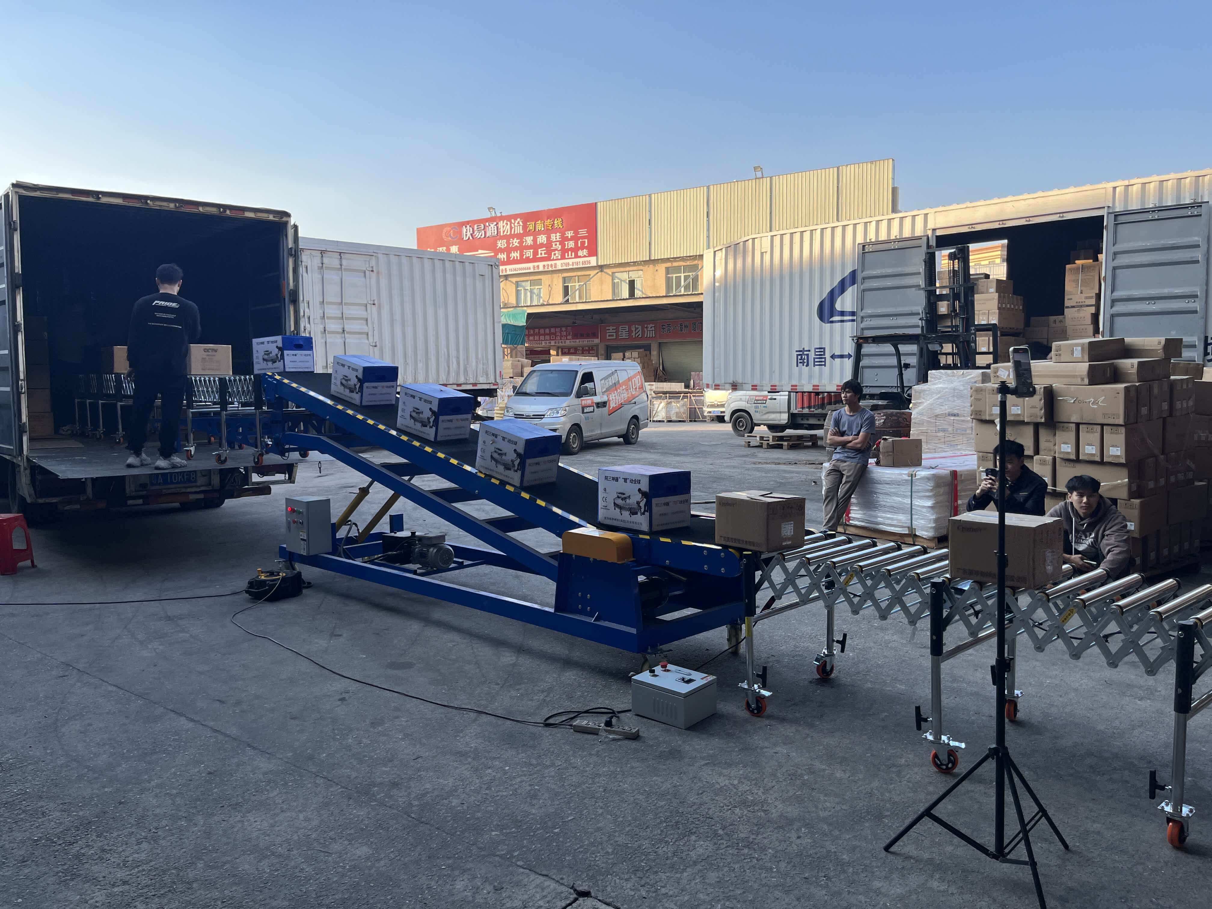 Large Truck Loading and Unloading Large Hydraulic Conveyor + Roller Line