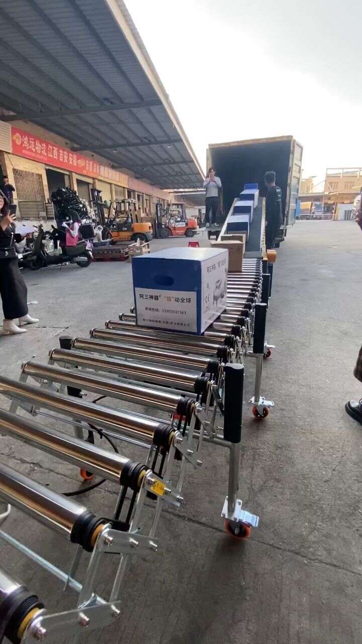 Warehouse center loading and unloading case: medium hydraulic conveyor + multi-wedge belt powered roller conveyor directly connecting the truck compartment and ground roller line